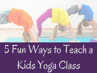 5 fun ways to teach kids yoga class, three kids doing wheel or bridge pose on colorful yoga mats