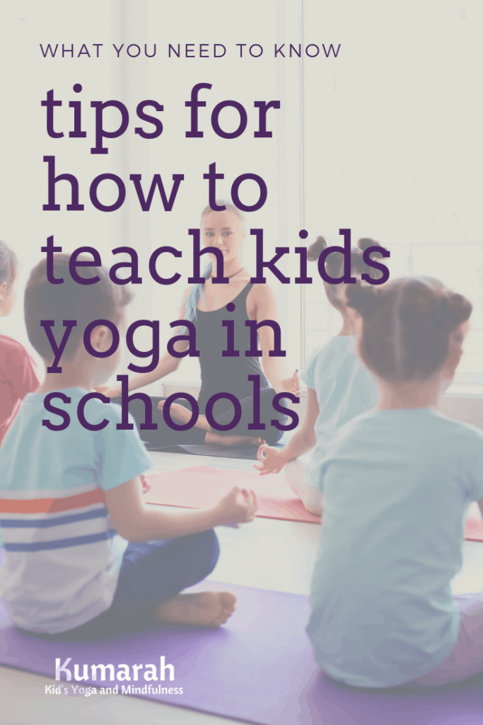 tips for how to teach kids yoga in schools, yoga class in a school with a teacher, kids meditating in a school class