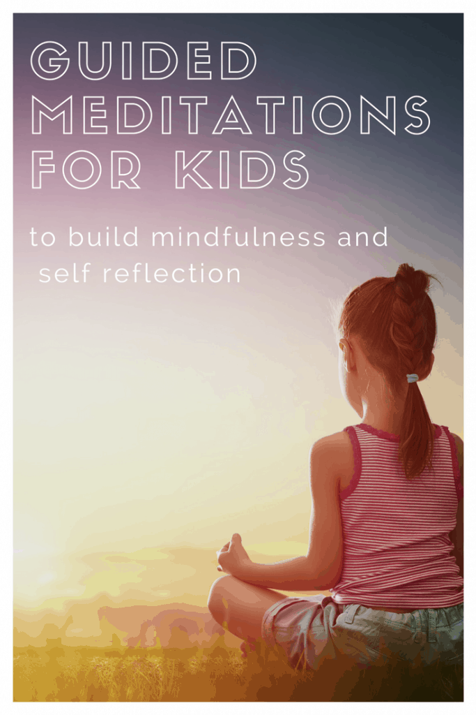Guided meditations for kids to build mindfulness and self reflection, a young girl is sitting and practicing mindfulness facing a beautiful sunset outside