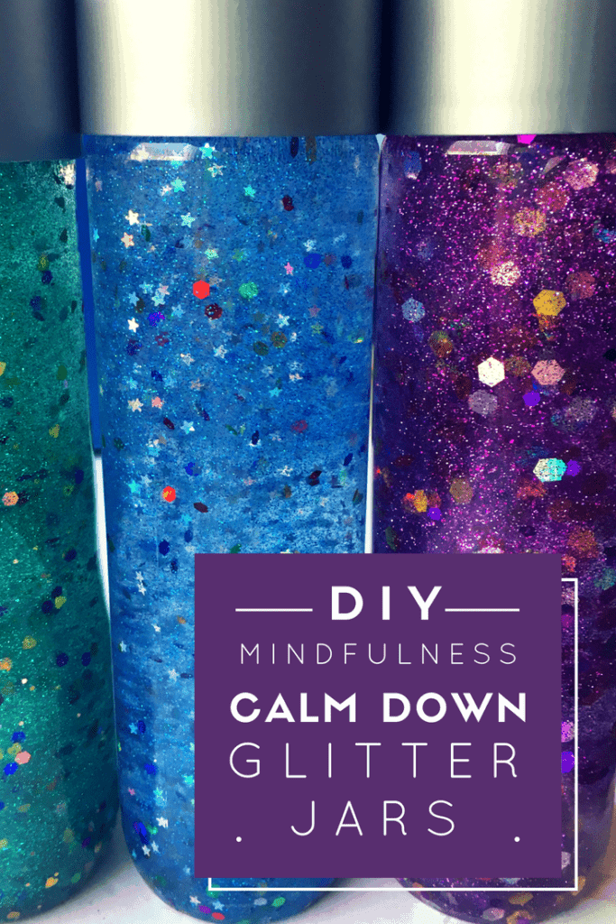 Three mindfulness calm down glitter jars in green, blue and purple made at home to help kids practice mindfulness