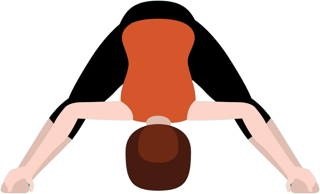 wide legged forward fold pose with feet far apart and torso folded down towards the mat with hands on feet and head hanging heavy