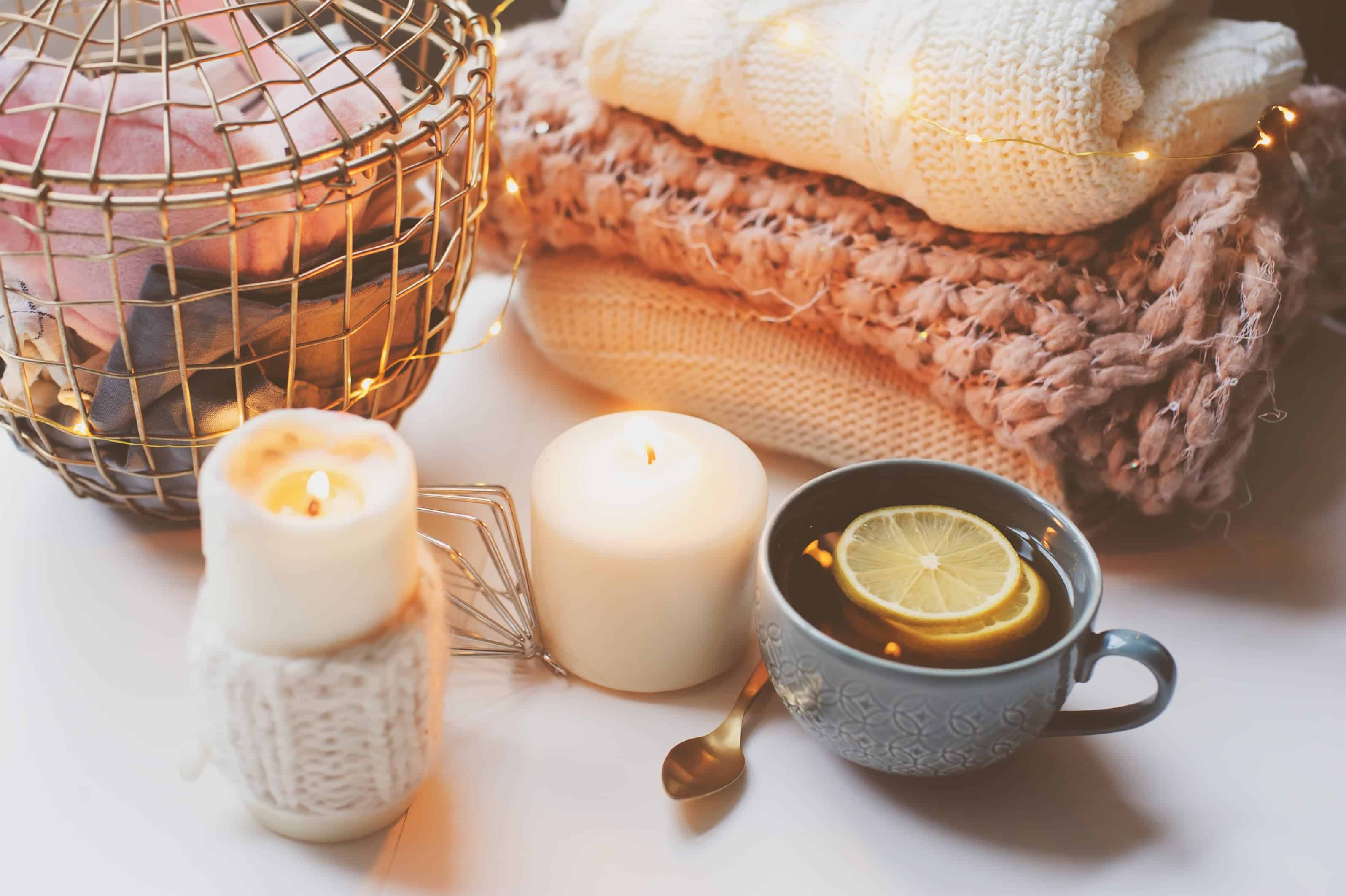 hygge, candles, calming space, cozy, self care ideas for stressed adults