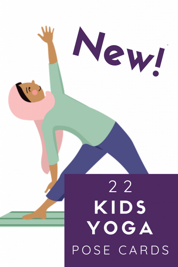 New 22 Kids Yoga pose cards for digital download, a girl in a hijab is doing triangle pose