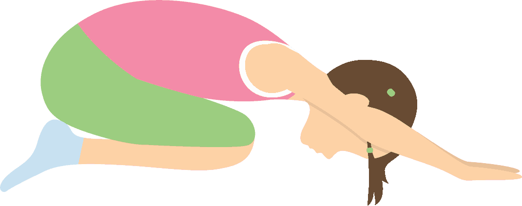 Childs pose yoga for kids, girl sitting on her knees with her head resting on the floor and arms reaching over her head on the ground