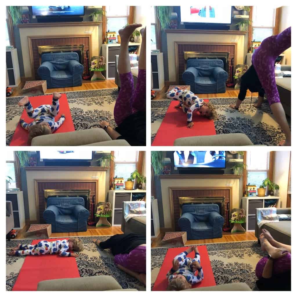 mom and toddler doing yoga in living room, mom and child are practicing happy baby, three legged dog, childs pose, and knees into tummy on a red yoga mat