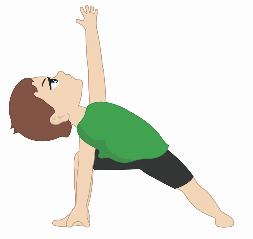 child doing extended side angle pose for kids, with legs in warrior 2 stance and one hand on the floor, the other hand is reaching up