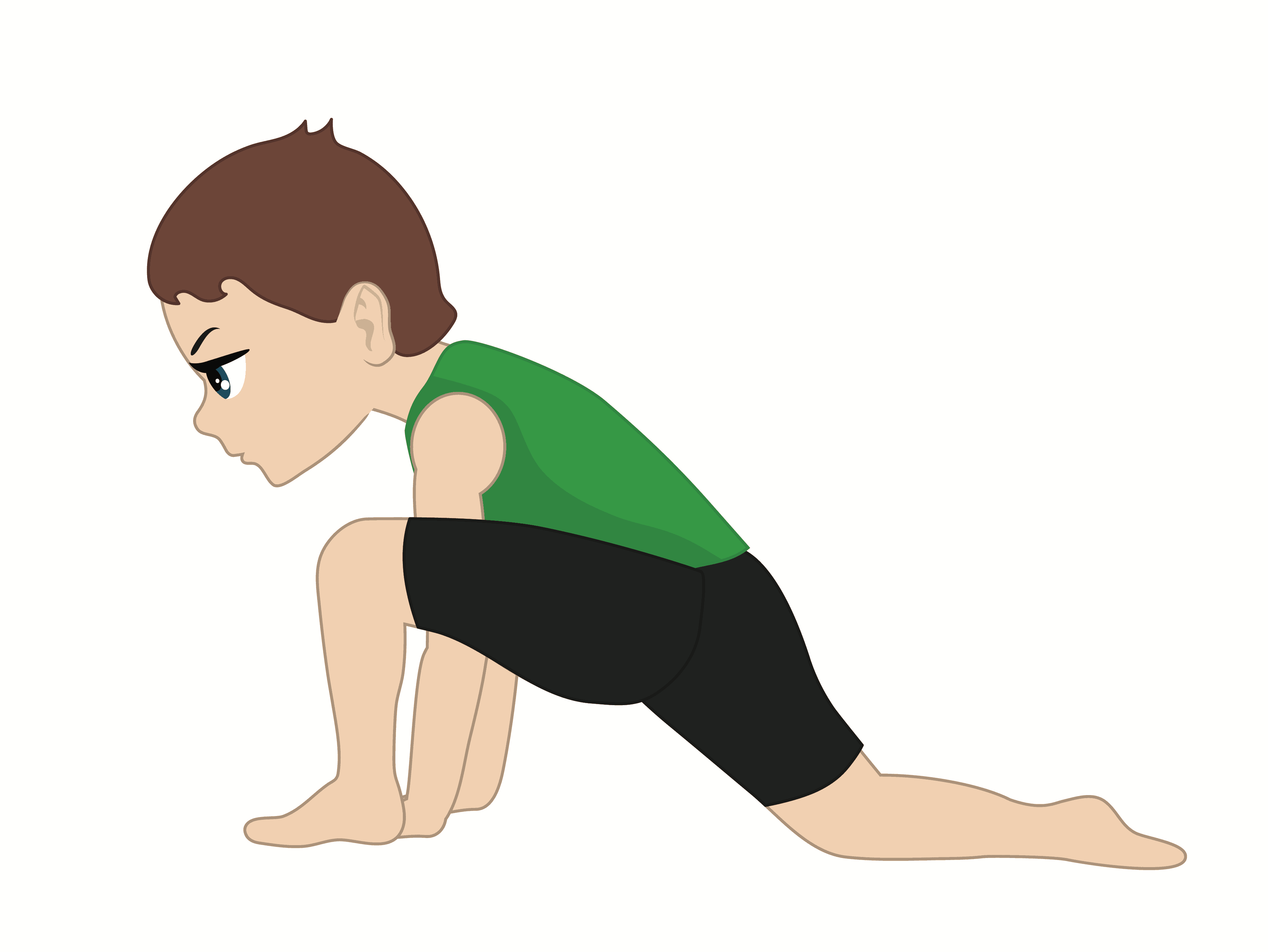 child doing low lunge pose with one knee on the ground and hands on the ground by the other foot to stretch hips