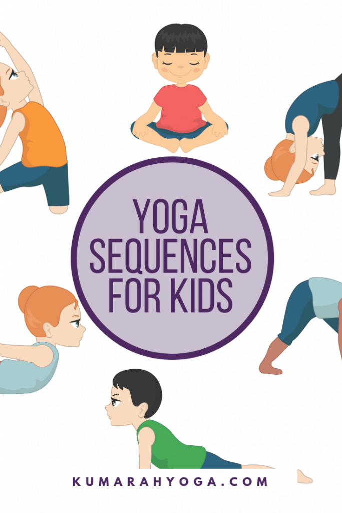 yoga sequences for kids, kids doing yoga poses like butterfly, up dog, bow pose and pyramid pose