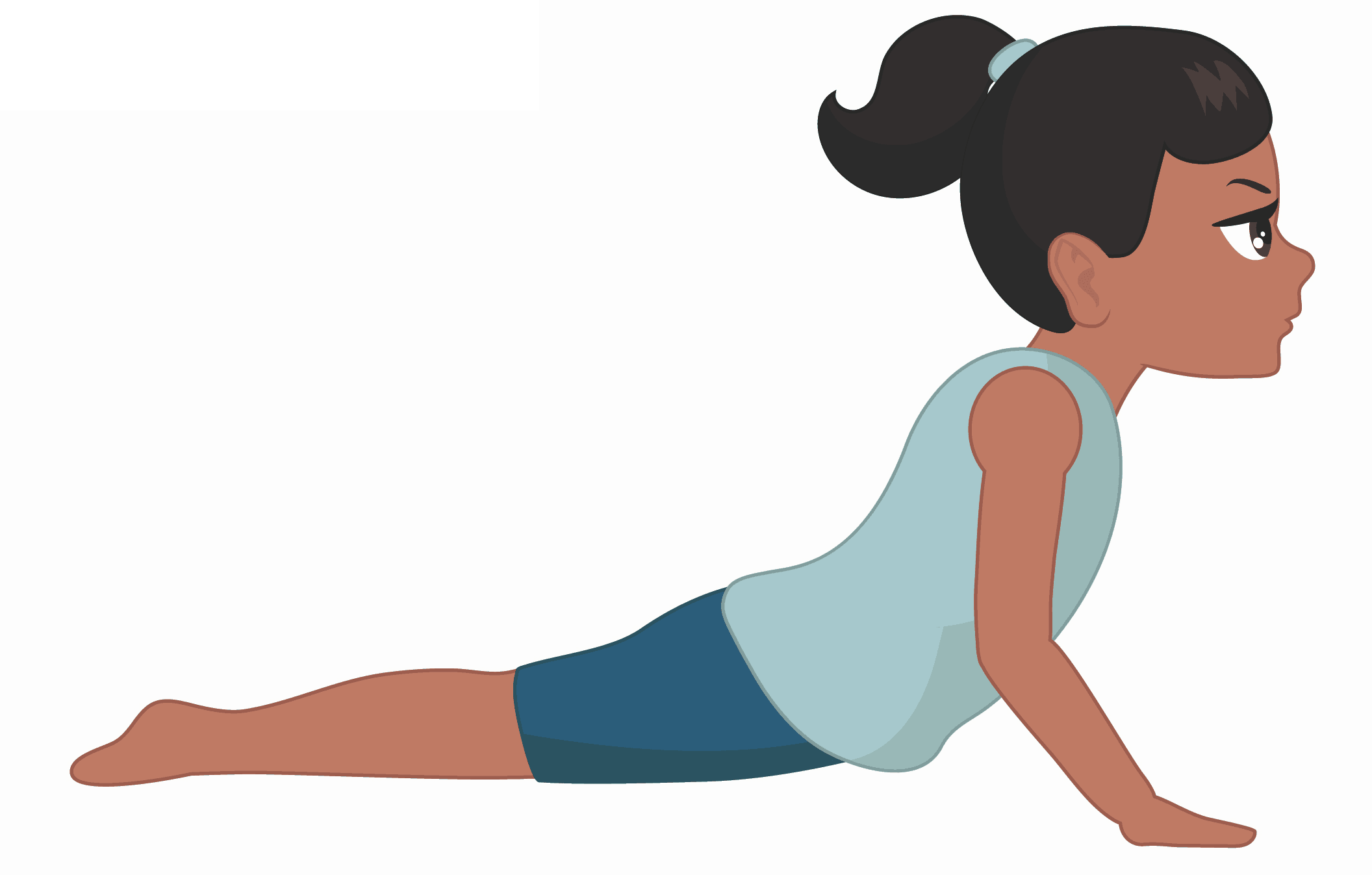 girl is practicing cobra pose for kids, laying on her tummy with legs straight behind her and arms pressing into the floor to lift her torso and look forward