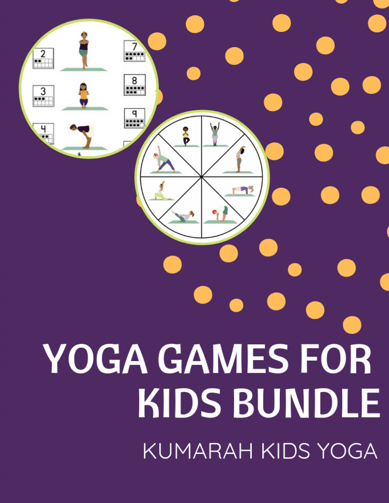 cover page of yoga games for kids printable bundle with two examples of yoga dice game and yoga spinner game