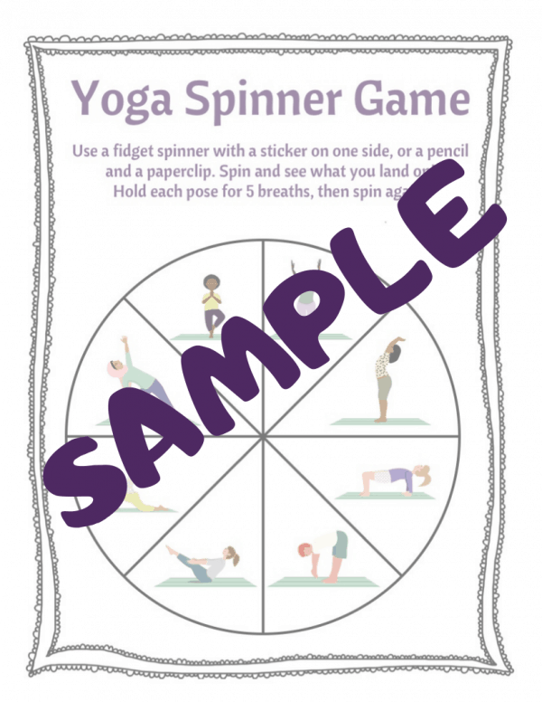 Sample of yoga spinner game to use with a fidget spinner or a pencil and a paperclip, spin and see what pose you get to practice with the yoga spinner game