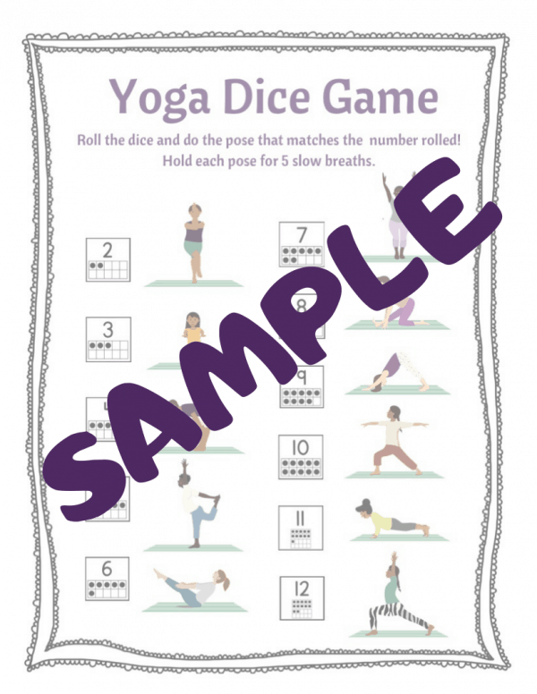 sample of yoga dice game for kids, roll the dice and do the pose that matches the number rolled, print and play yoga game for kids