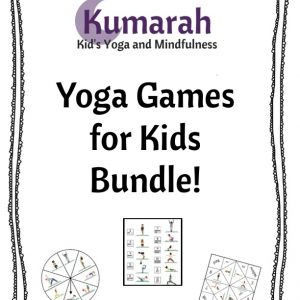 Kumarah kid's yoga and mindfulness, yoga games for kids bundle with examples of the yoga spinner game, yoga dice game, and foldable yoga fortune teller