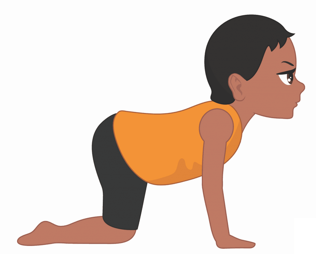cow pose for kids, kneel on hands and knees and lower your tummy by arching your back and looking forward