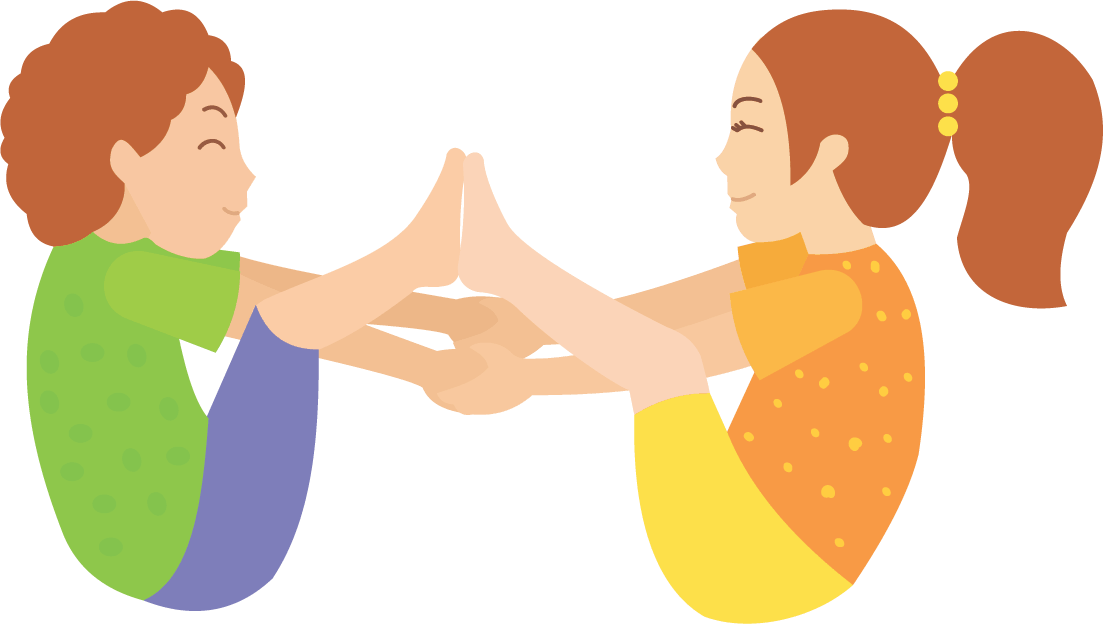 sit facing a partner and lift your legs so your feet touch and creat a rainbow shape hold hands to help balance in rainbow pose