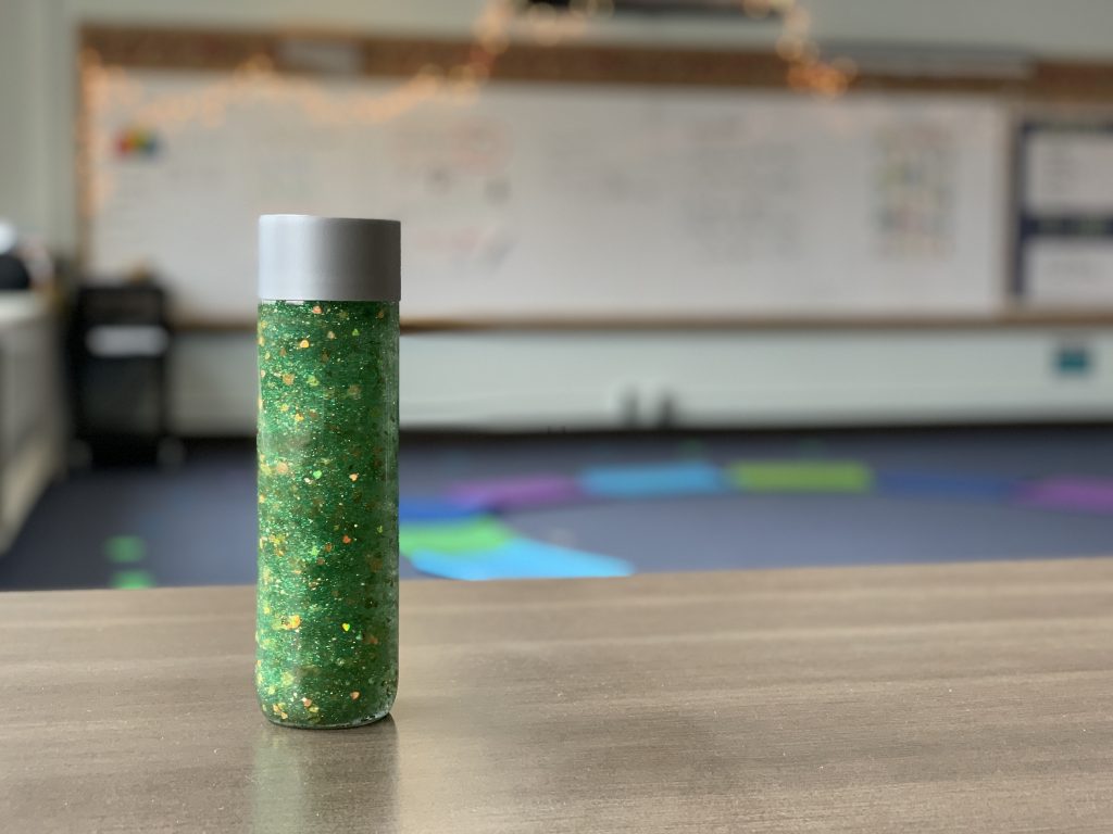 green and gold glitter mindfulness jar for kids