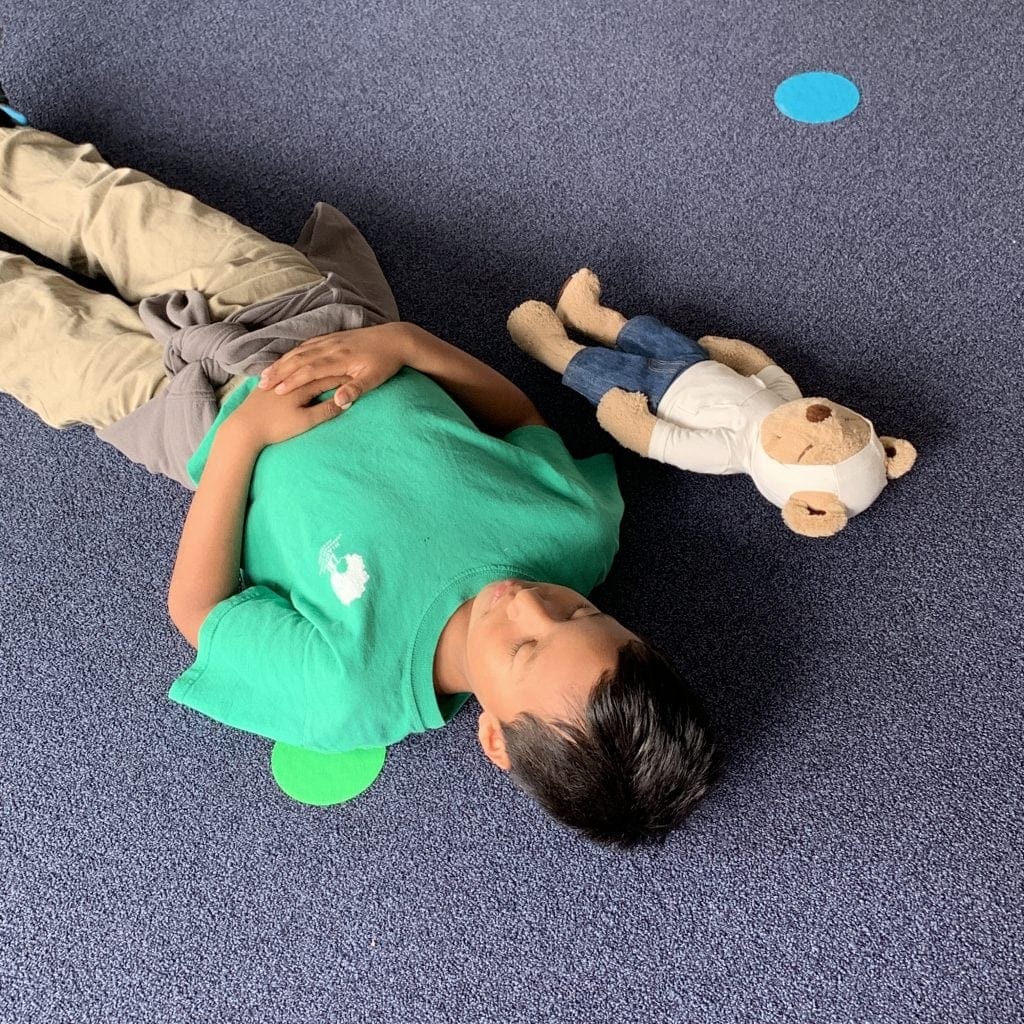 Meddy Teddy and a student are resting calmly during savasana