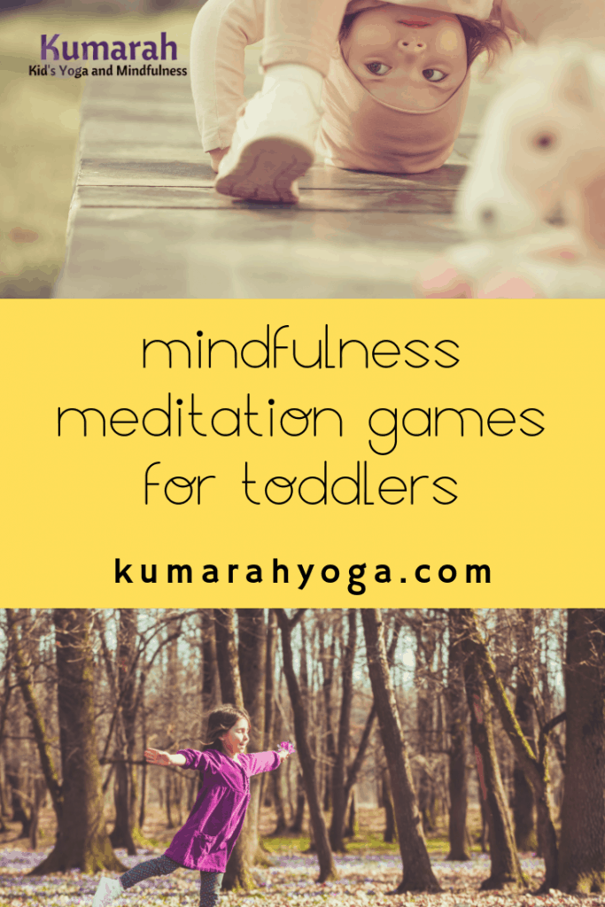 mindfulness meditation games for toddlers, young child trying a yoga pose in a game to learn mindfulness