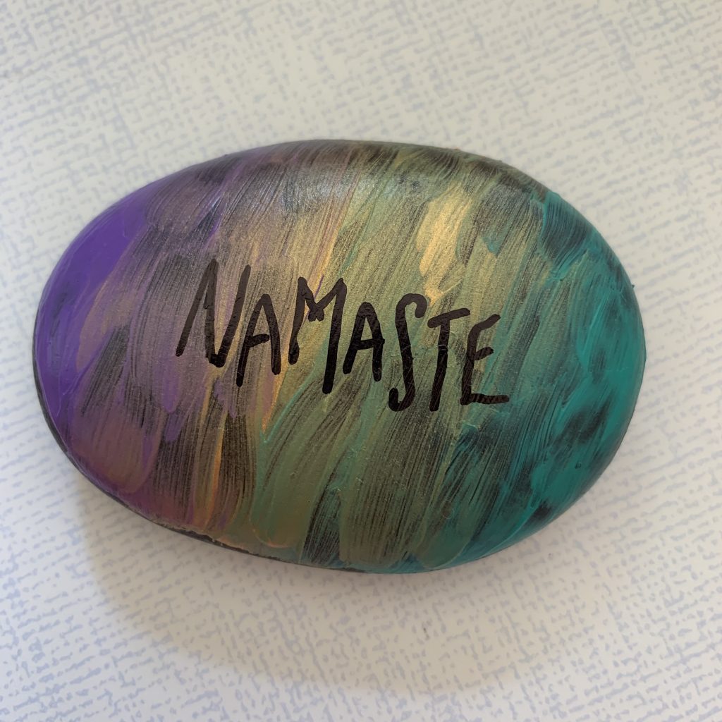 painted stone with the word 'namaste' - mindfulness craft of kindness rocks