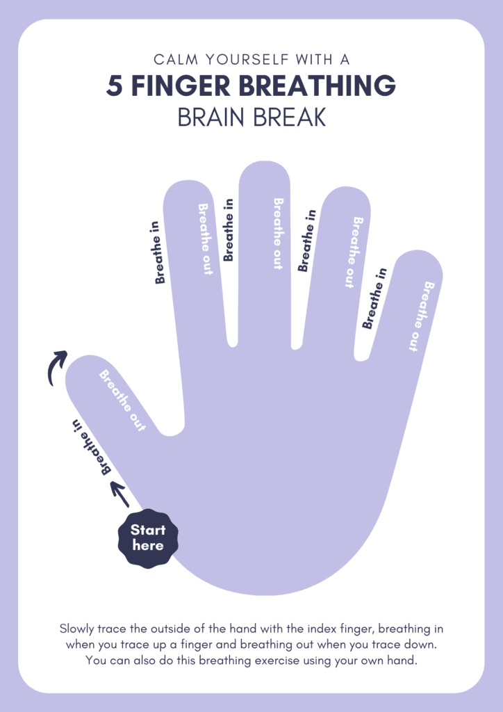 free breathing printables with breathing exercises for kids - 5 finger breathing brain break