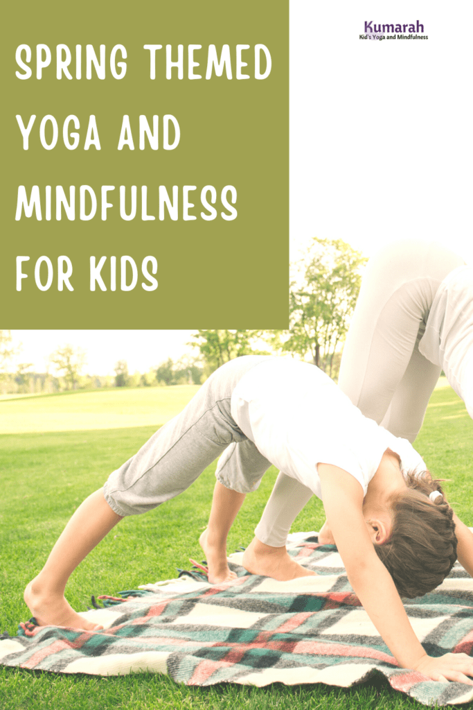 spring themed yoga and mindfulness for kids. a child doing downward dog outside on a blanket in the grass.