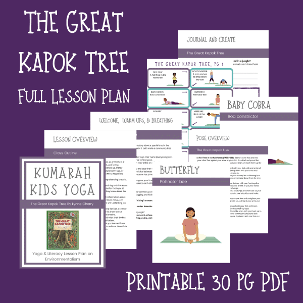 The Great Kapok Tree kids yoga lesson plan, full scripted lesson plan for kids yoga classes, storytelling yoga for kids