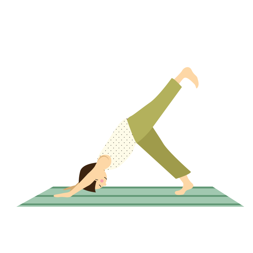 down dog pose with one leg lifted for kids yoga.