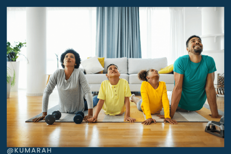family doing morning yoga routine before school
