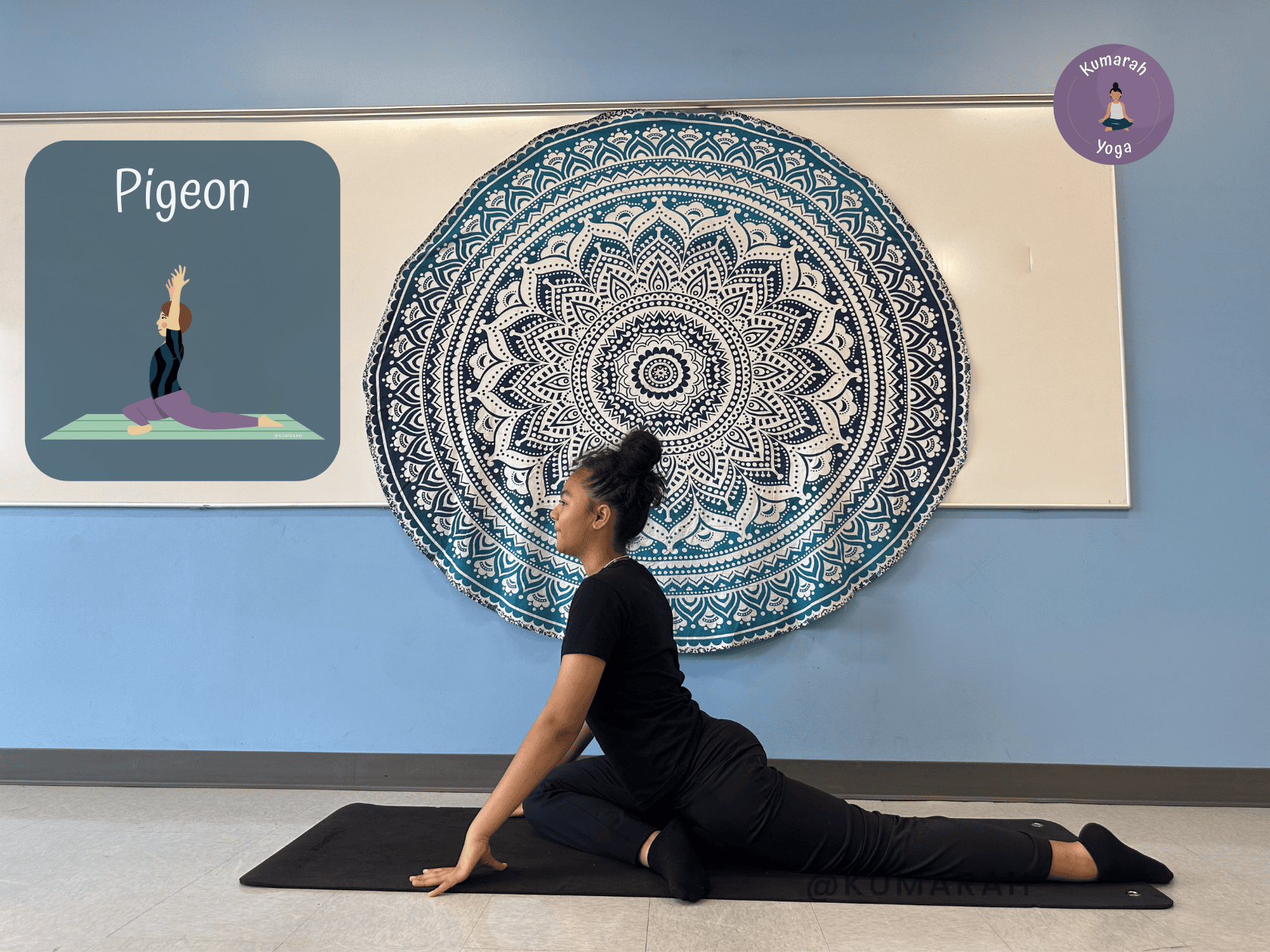 teen doing pigeon pose, quail pose