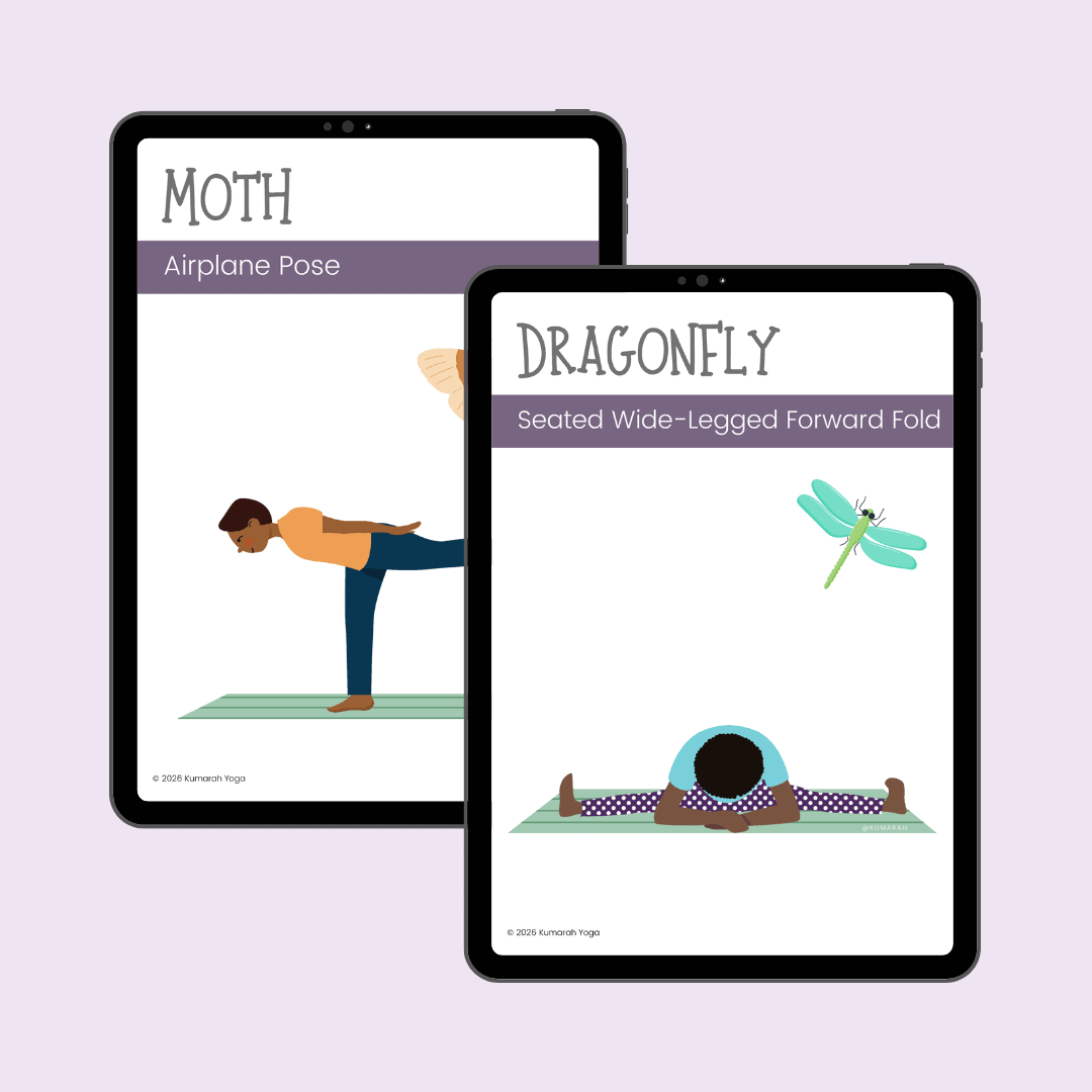 Insect and bug themed yoga pose cards shown laid out