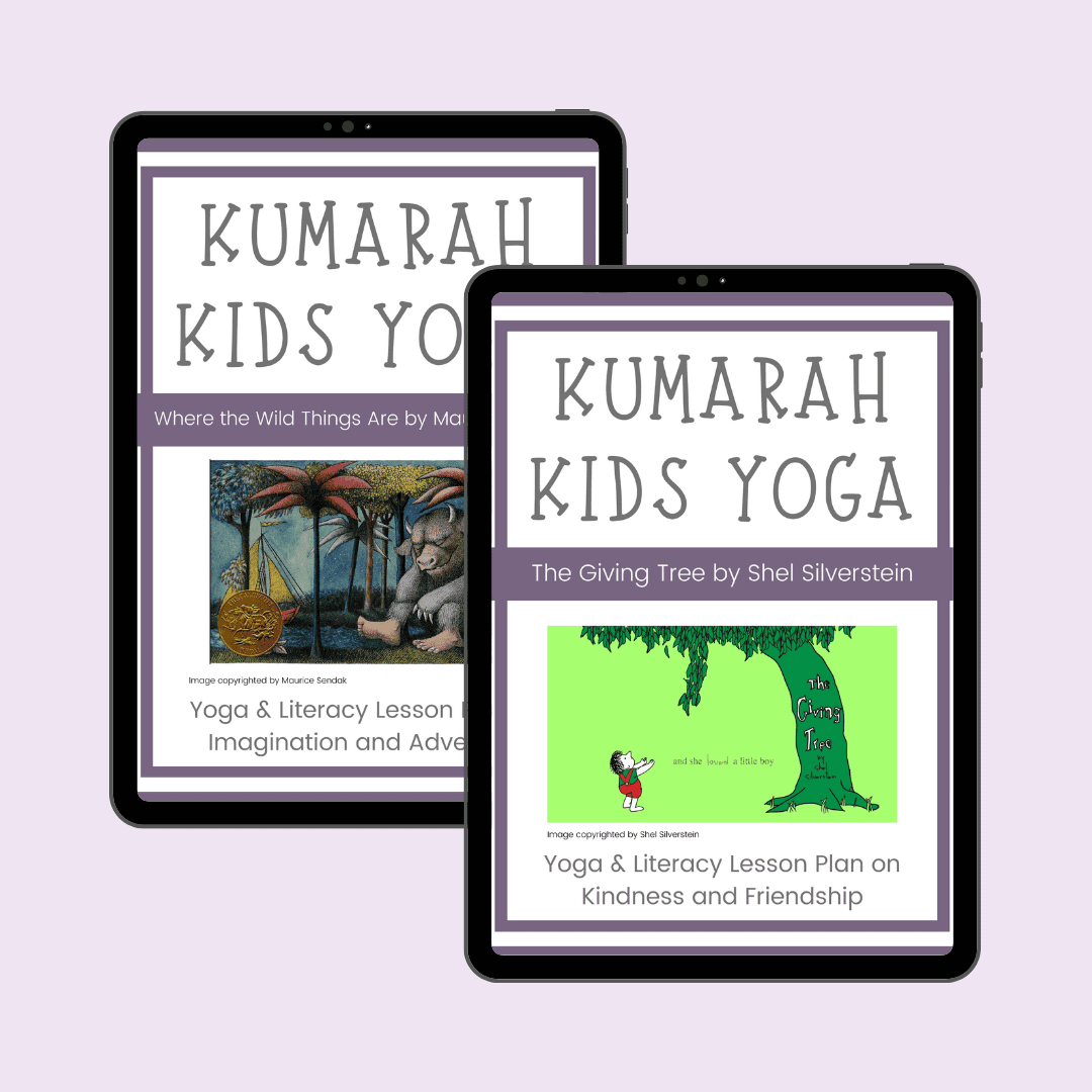 Book-based kids yoga literacy lesson plans shown laid out