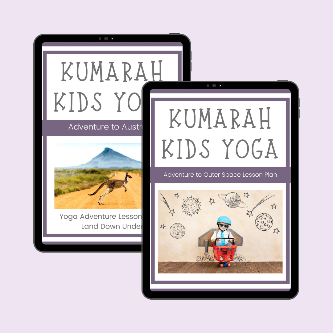 Adventure-themed kids yoga lesson plans shown laid out