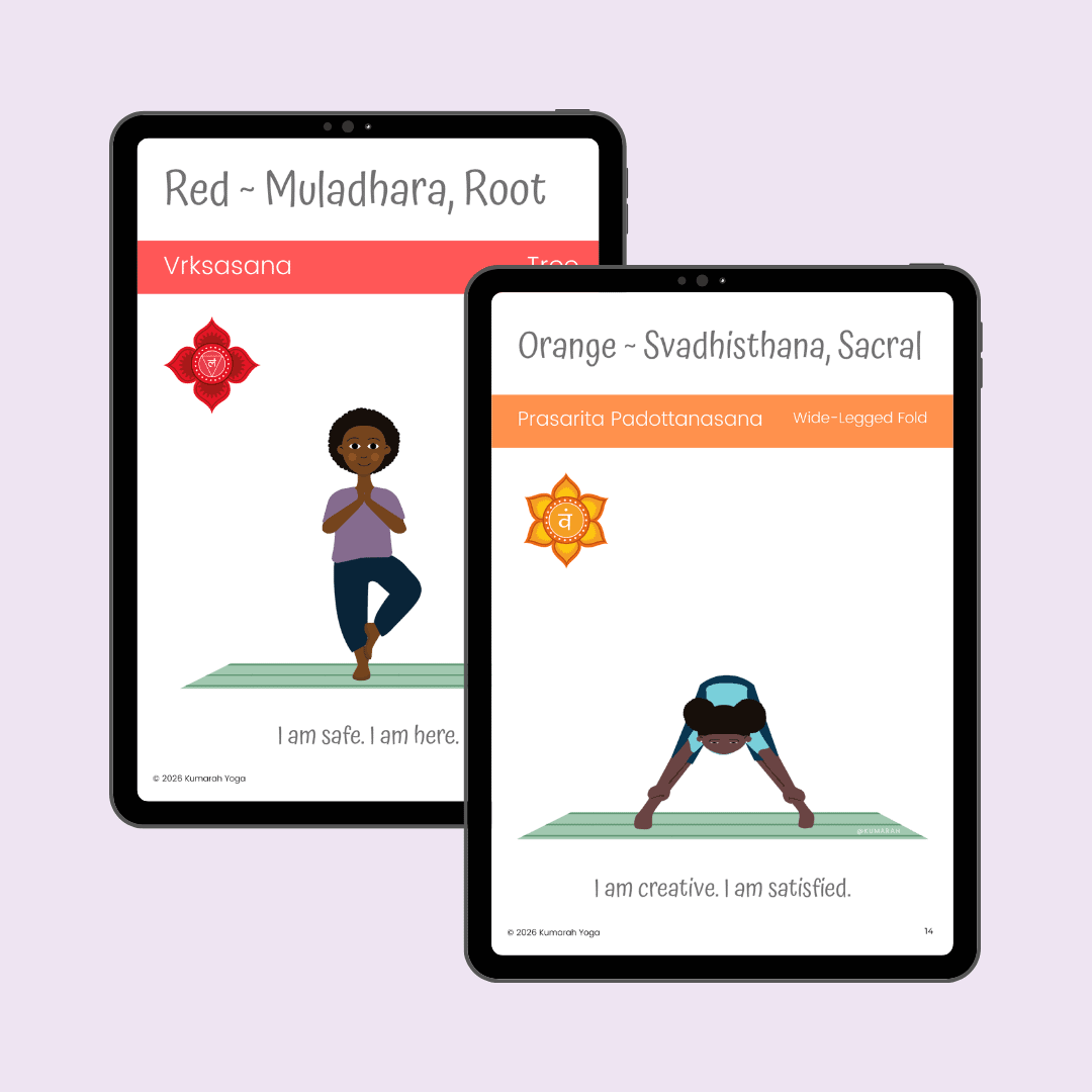 Rainbow chakra yoga pose cards and mini lesson shown on tablets