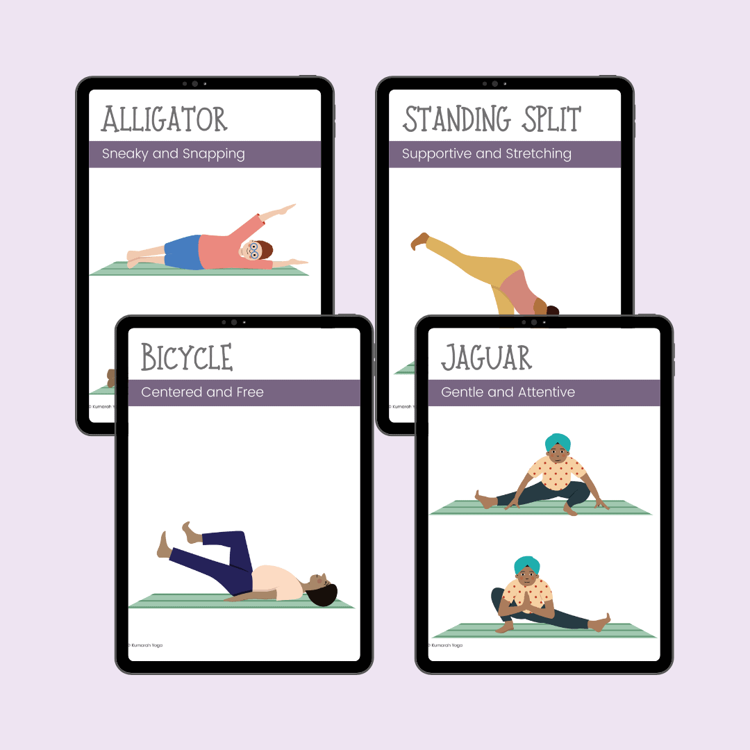 Kids yoga pose card sets 1, 2 and 3 printed and laid out