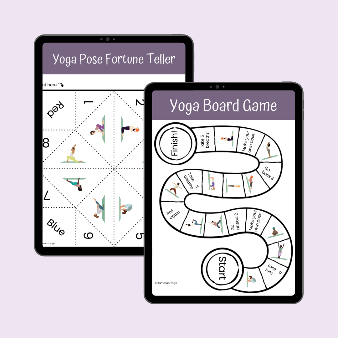 Printable yoga games for kids shown laid out